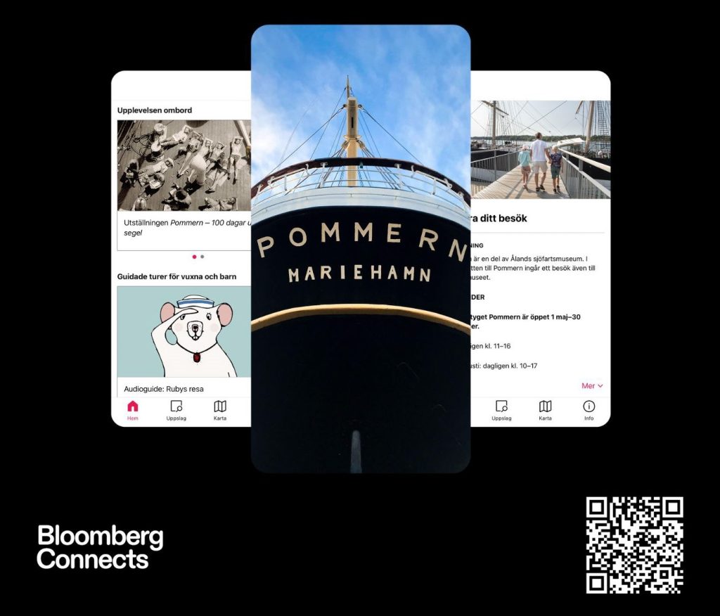 En central bild av Pommern-skeppets för med texten Mariehamn överlappar två mobilappskärmar som visar museirelaterat innehåll, tillsammans med en QR-kod och Bloomberg Connects-logotypen.